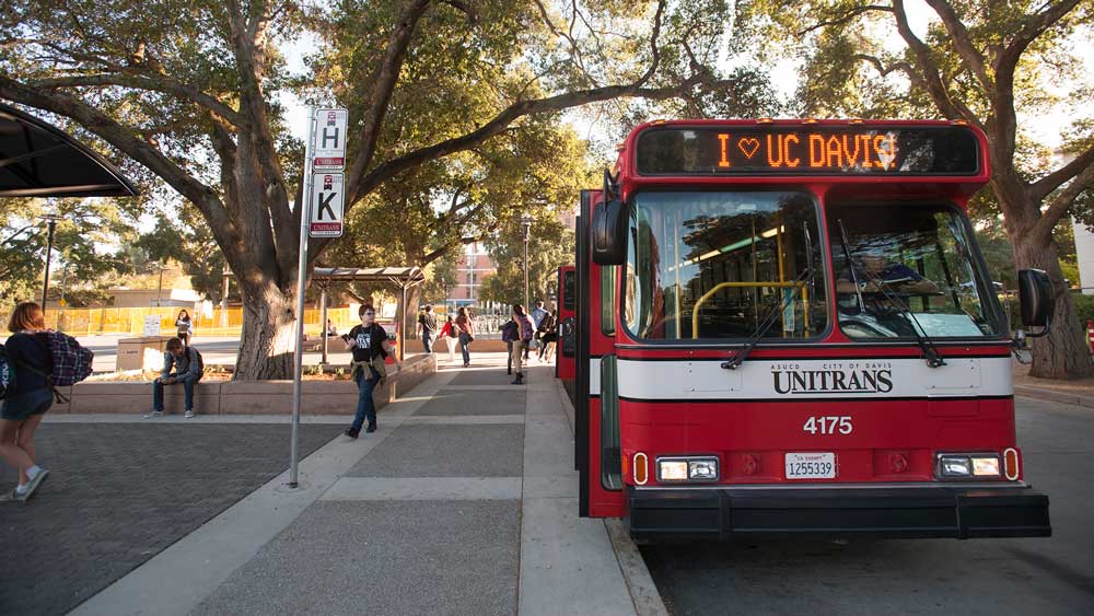 Unitrans bus with I love UC Davis message