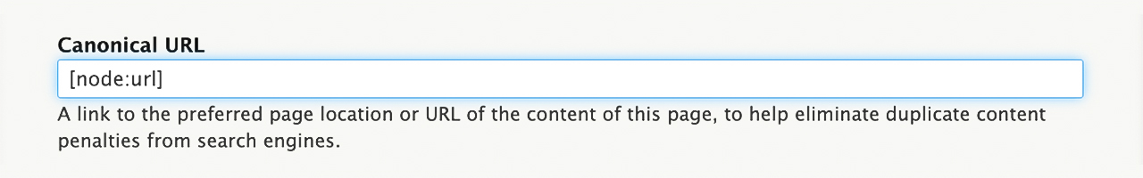 A screenshot of the canonical URL section in SiteFarm. The description says "A link to the preferred page location or URL of the content of this page, to help eliminate duplicate content penalties from search engines."