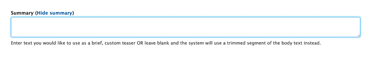 A screenshot of the summary section in SiteFarm. The description says "Enter text you would like to use as a brief, custom teaser or leave blank and the system will use a trimmed segment of the body text instead."