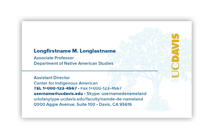 A business card option with the UC Davis wordmark and a Tree watermark is shown