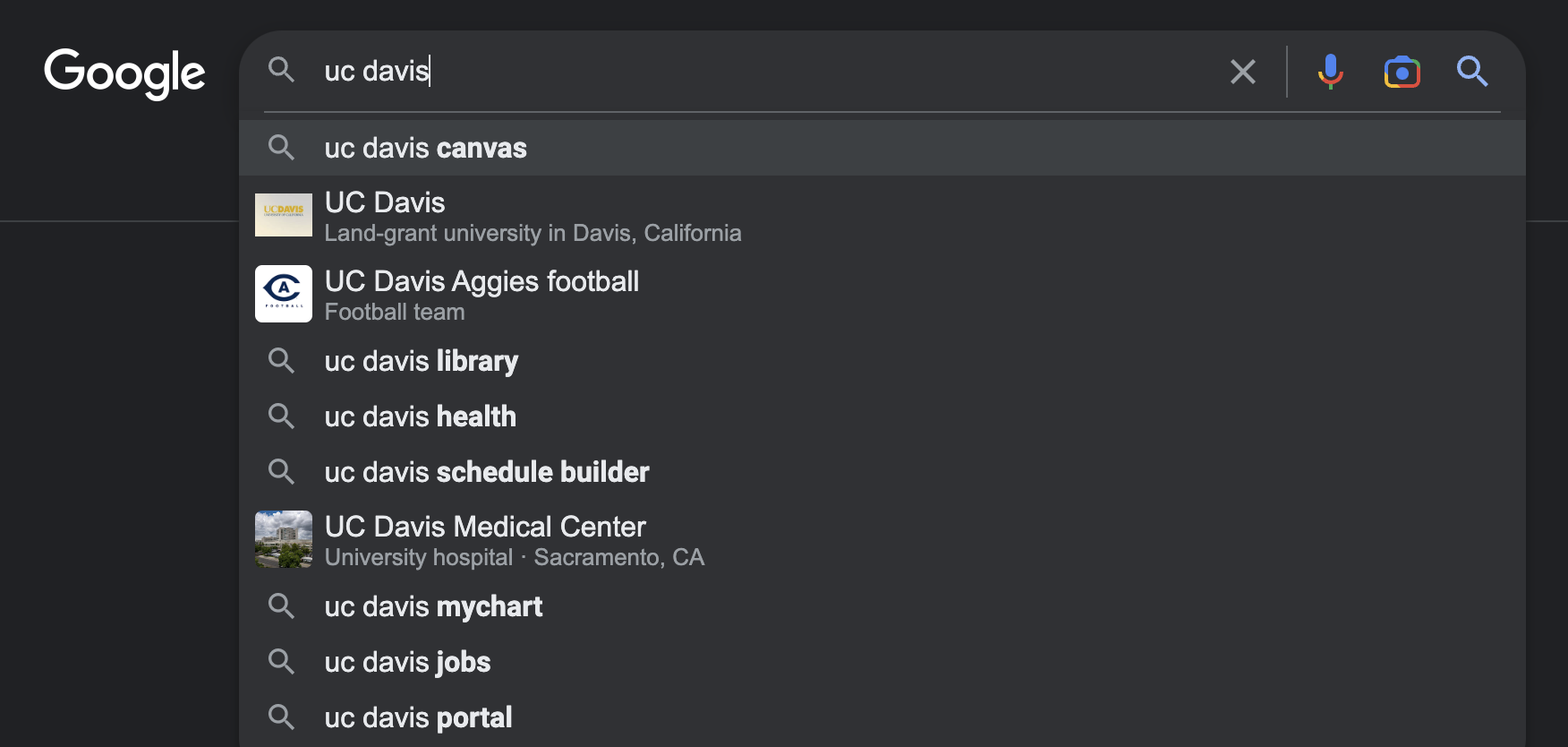 A screenshot of Google autocomplete using the example "uc davis."