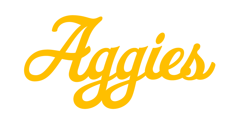 Aggies script solid mark in gold on white