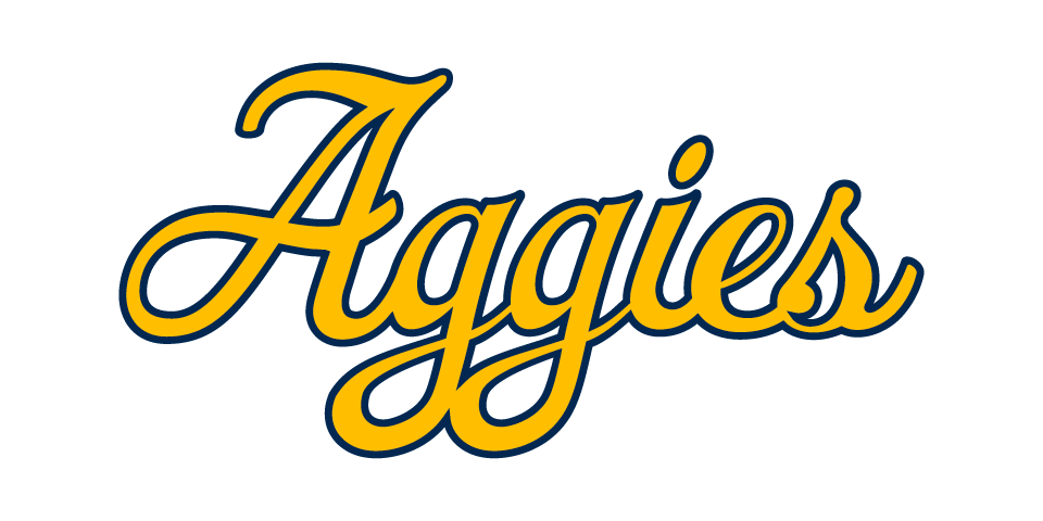 Aggies script mark in gold with blue outline on white background