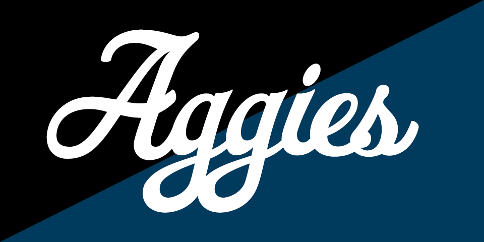 Aggies script mark in white on dark background