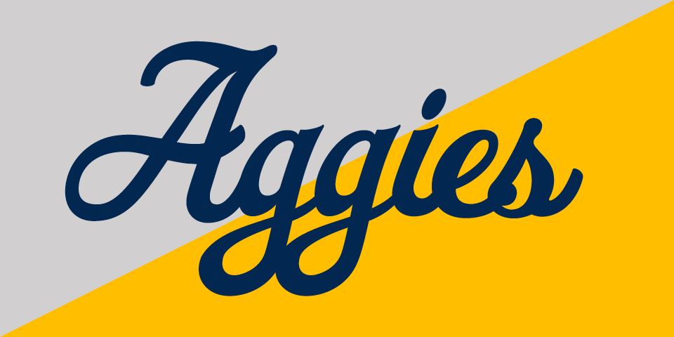 Aggies script in blue on light background