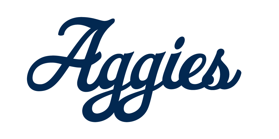 Aggies script in blue