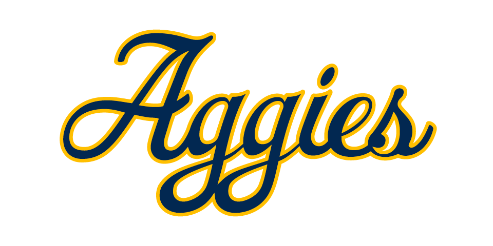Aggies script in blue with gold outline