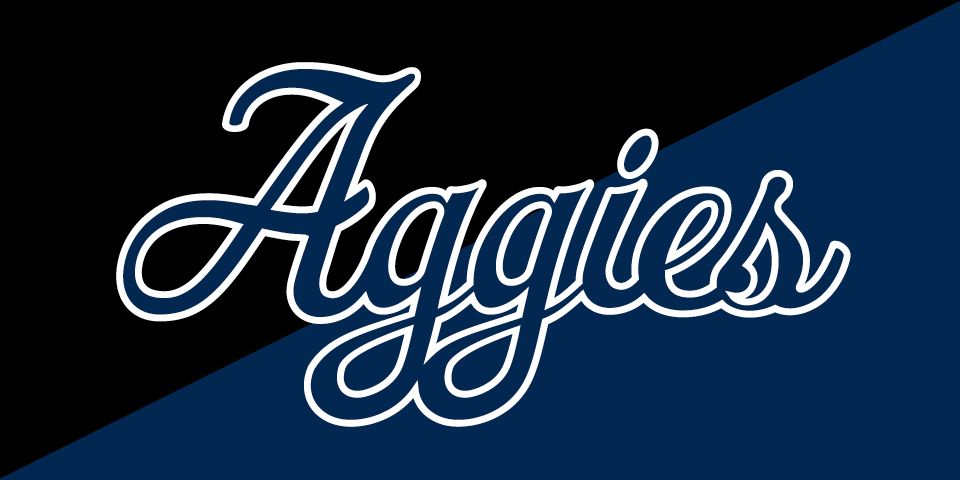 Aggies script mark in blue with white outline on dark background