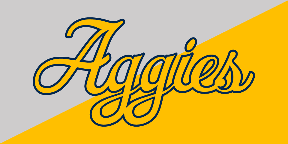 Aggies script mark in gold with blue outline on light background