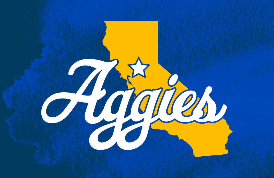 Aggies script mark with California map and image background