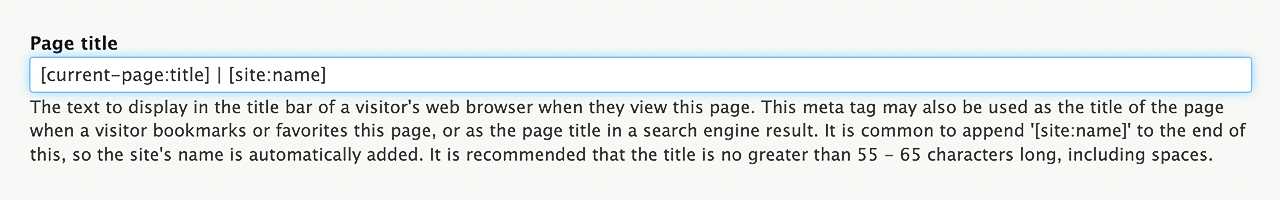 A screenshot of the title tag section in SiteFarm. The description says "The text to display in the title bar of a visitor's web browser when they view this page. This meta tag may also be used as the title of the page when a visitor bookmarks or favorites this page, or as the page title in a search engine result. It is common to append '[site:name]' to the end of this, so the site's name is automatically added. It is recommended that the title is no greater than 55 - 65 characters long, including spaces."