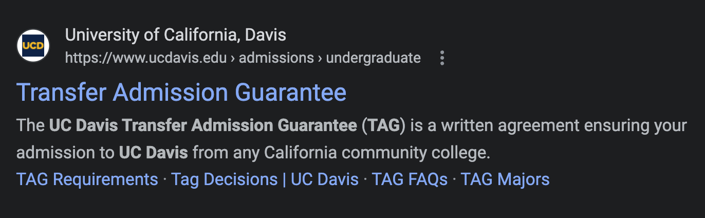 Screenshot of a search result about Transfer Admission Guarantee at UC Davis. It shows the brand, URL, title tag, meta description and rich results.