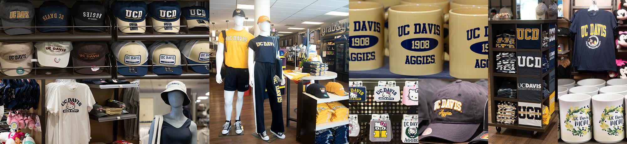 Interior of the UC Davis bookstore with branded hats and shirts visible